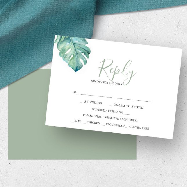 Tropical Greenery Watercolor Reply RSVP Cards (Wedding rsvp cards tropical monstera palm leaf watercolor art Victoria Grigaliunas Do Tell A Belle)