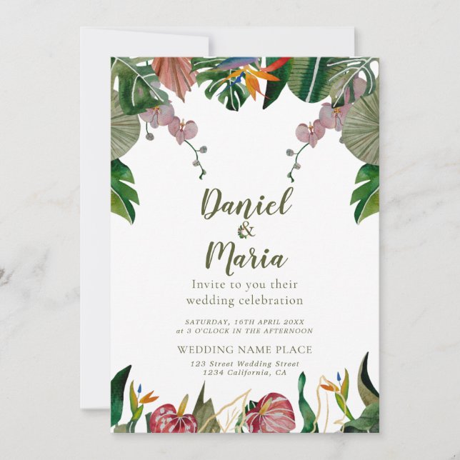 Tropical Greenery Watercolor Wedding Invitation (Front)