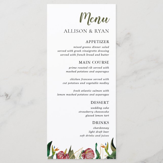 Tropical Greenery Watercolor Wedding Menu (Front)