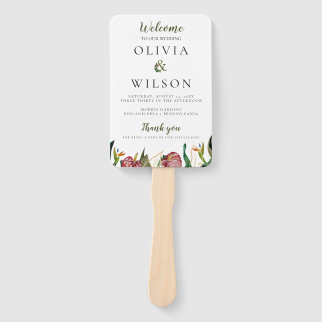 Tropical Greenery Wedding Program and Timeline Hand Fan (Front)