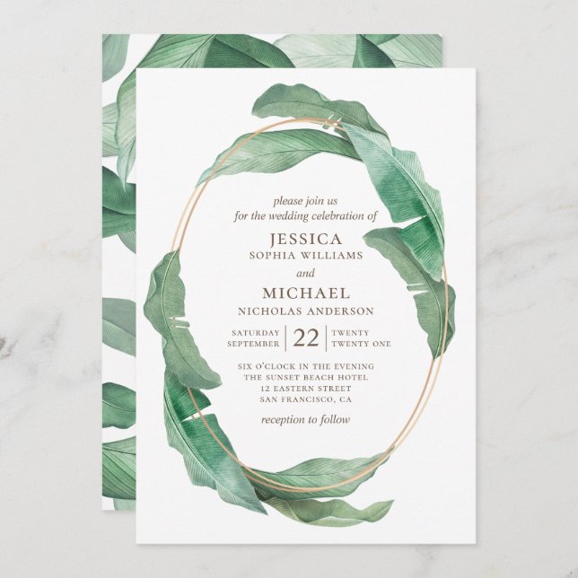 Tropical greenery wedding. Watercolor botanical Invitation (Front/Back)