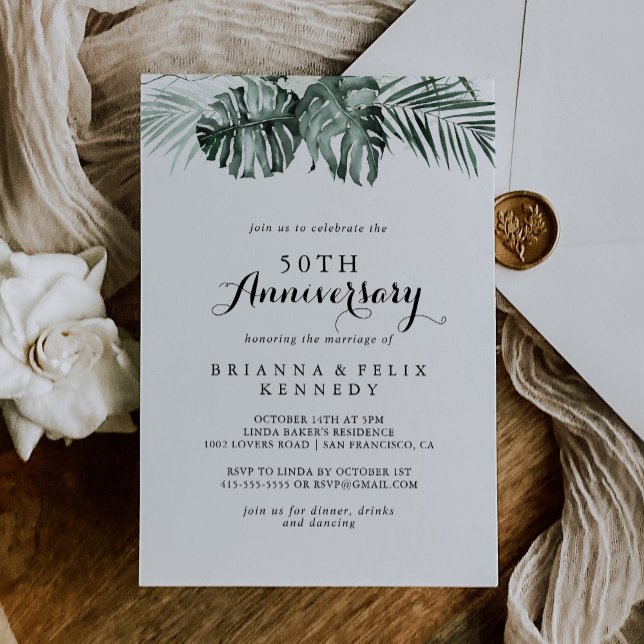 Tropical Greenery White 50th Wedding Anniversary Invitation (Creator Uploaded)