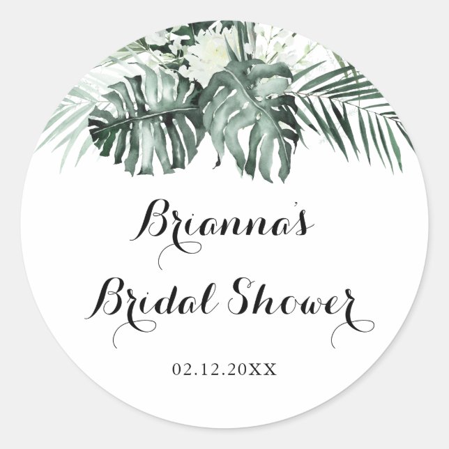 Tropical Greenery White Floral Bridal Shower Favou Classic Round Sticker (Front)