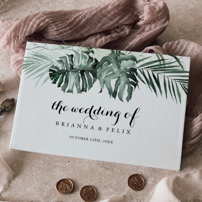 Tropical Greenery White Floral Calligraphy Wedding Guest Book (Creator Uploaded)