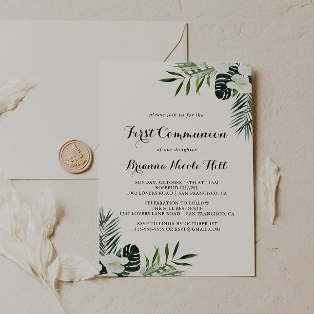 Tropical Greenery White Floral First Communion Invitation (Creator Uploaded)