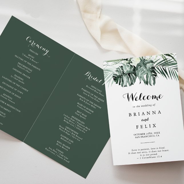 Tropical Greenery White Floral Folded Wedding  Programme (Creator Uploaded)