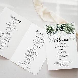 Tropical Greenery White Floral Folded Wedding Programme