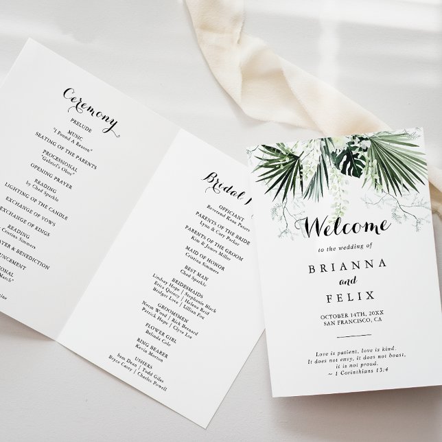 Tropical Greenery White Floral Folded Wedding Programme (Creator Uploaded)