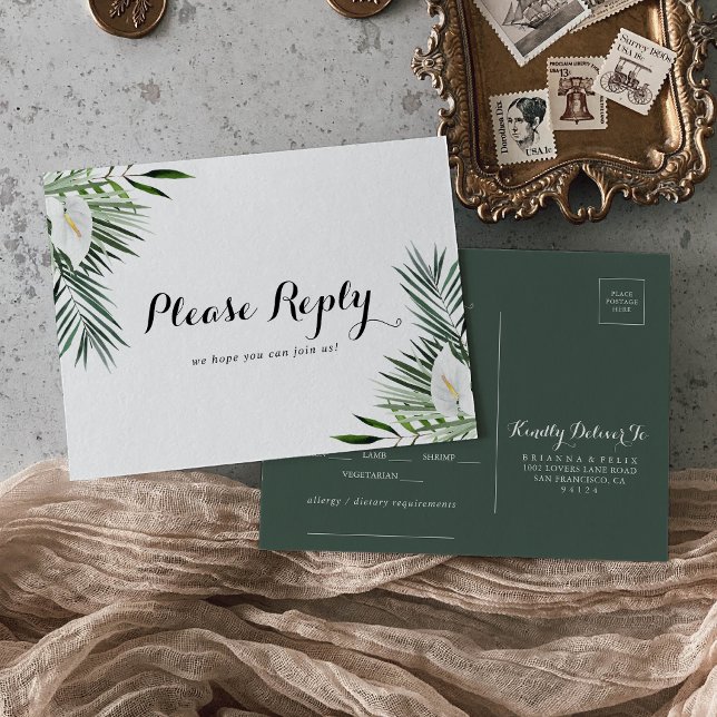 Tropical Greenery White Floral Menu Choice RSVP  Postcard (Creator Uploaded)