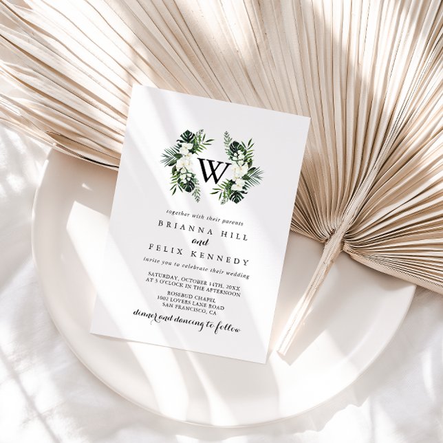 Tropical Greenery White Floral Monogram Wedding Invitation (Creator Uploaded)