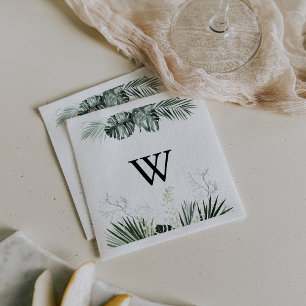 Tropical Greenery White Floral Monogram Wedding  Napkin
