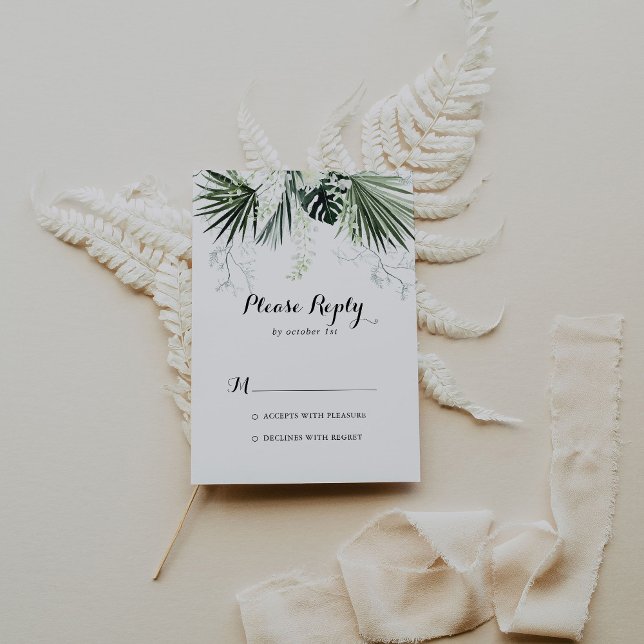 Tropical Greenery White Floral Wedding RSVP Card (Creator Uploaded)