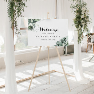 Tropical Greenery White Floral Wedding Welcome Poster