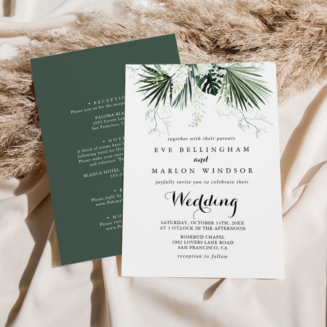 Tropical Greenery White Front & Back Wedding  Invitation (Creator Uploaded)