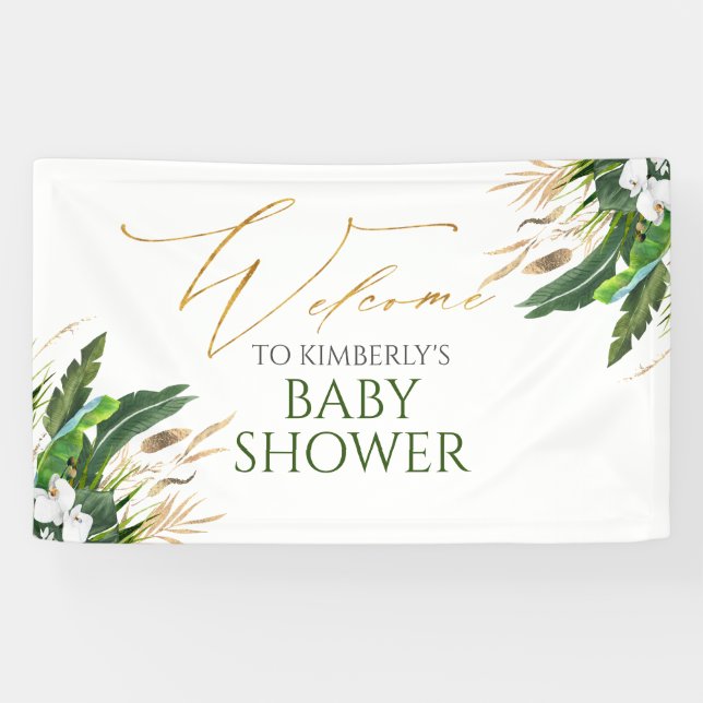 Tropical Greenery White Orchid Baby Shower Welcome Banner (Horizontal)