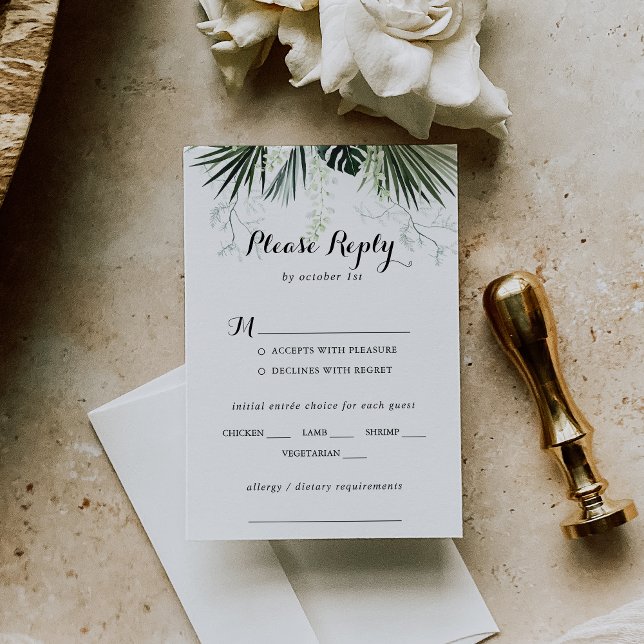 Tropical Greenery White Wedding Menu Choice RSVP (Creator Uploaded)