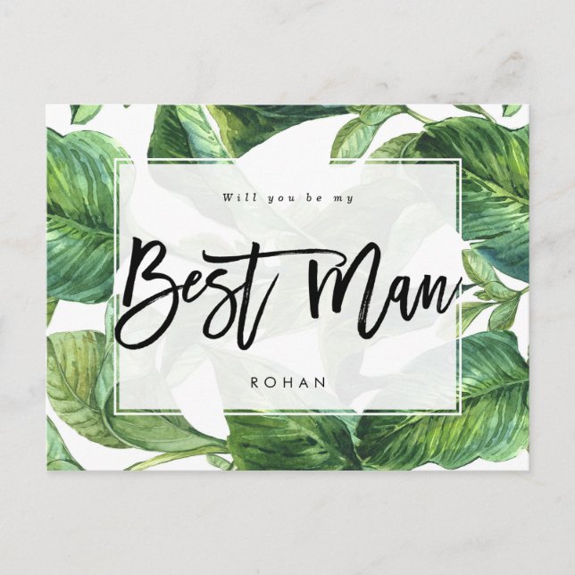 tropical greenery will you be my best man announcement postcard (Front)