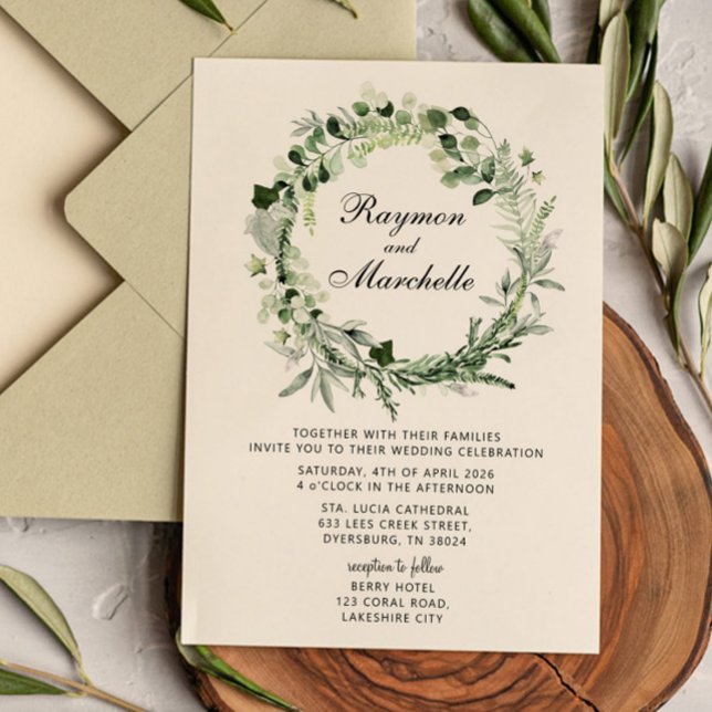 Tropical Greenery Wreath Wedding Invitation (Creator Uploaded)