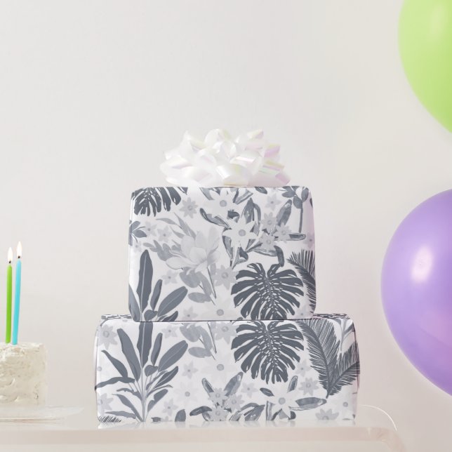 Tropical Grey Floral Greenery Wrapping Paper (Party Gifts)