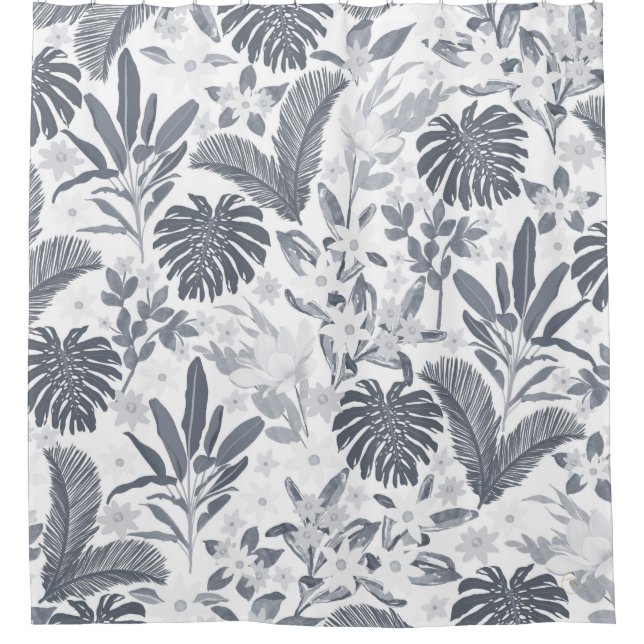 Tropical Grey Foliage Floral White Pattern Shower Curtain (Front)