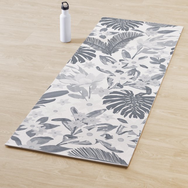 Tropical Grey Foliage Floral White Pattern Yoga Mat (In Situ)