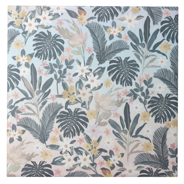 Tropical Grey Gold Foliage Floral Pattern Tile (Front)
