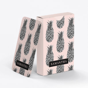 Tropical Grey & Pink Pineapple Pattern With Name Playing Cards