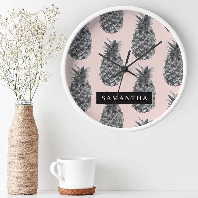 Tropical Grey & Pink Pineapple Pattern With Name Round Clock (Creator Uploaded)