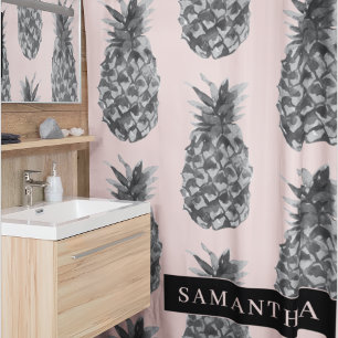 Tropical Grey & Pink Pineapple Pattern With Name Shower Curtain