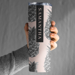 Tropical Grey & Pink Pineapple Pattern With Name Thermal Tumbler