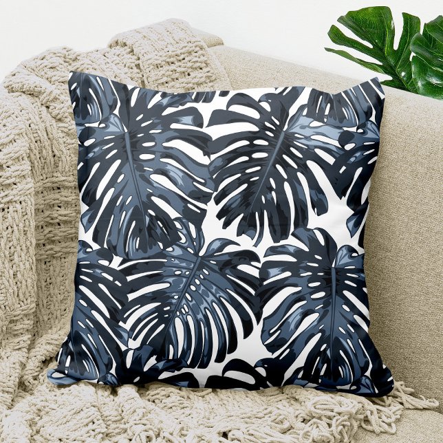 Tropical Grey White Monstera Jungle Leaves Cushion (throw pillow with pattern of blue palm leaves on white background)