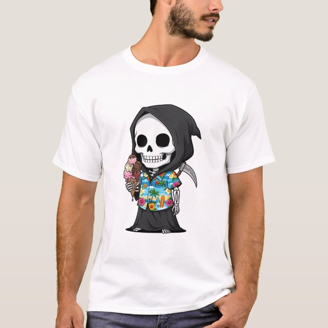 Tropical Grim Treats – Playful Skeleton Cartoon T-Shirt (Front)