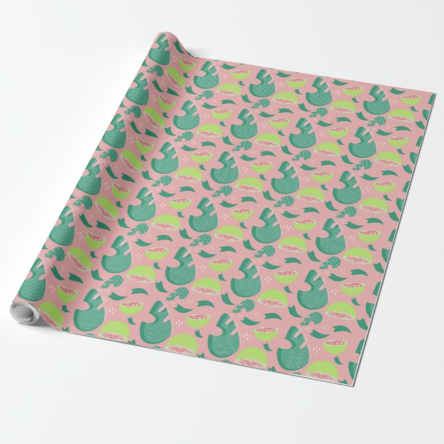 Tropical Guava Fruit and Greenery Pattern Pink Wrapping Paper (Unrolled)
