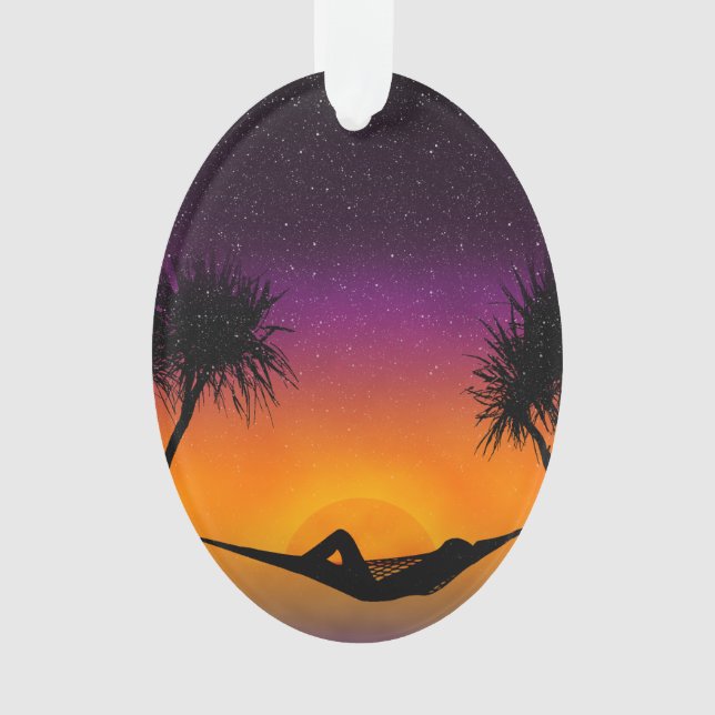 Tropical Hammock Sunset Silhouette Design Ornament (Front)