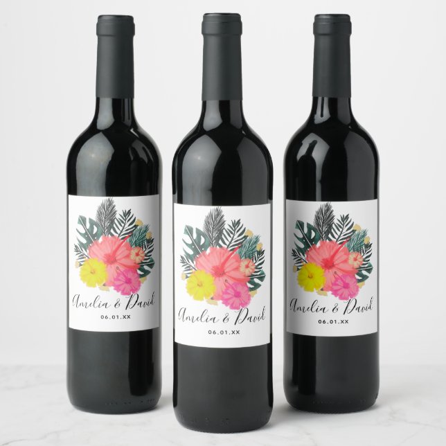 Tropical Hand Drawn Hawaii Script Wedding Wine Label (Bottles)
