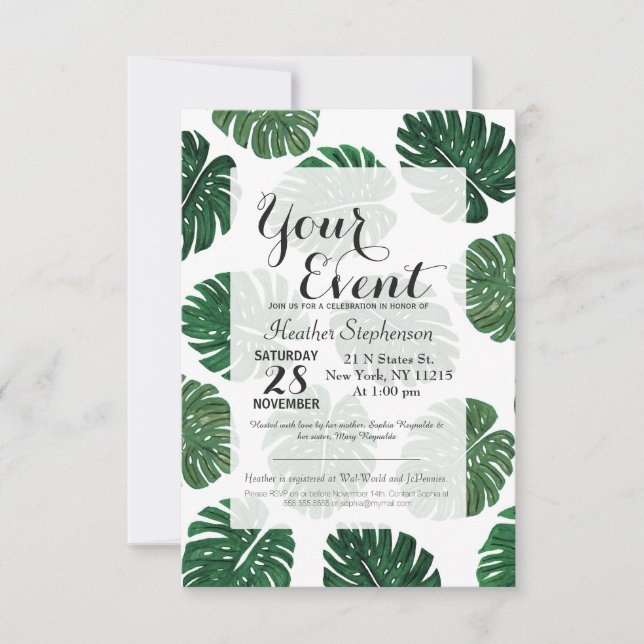 Tropical Hand Painted Swiss Cheese Plant Leaves Invitation (Front)