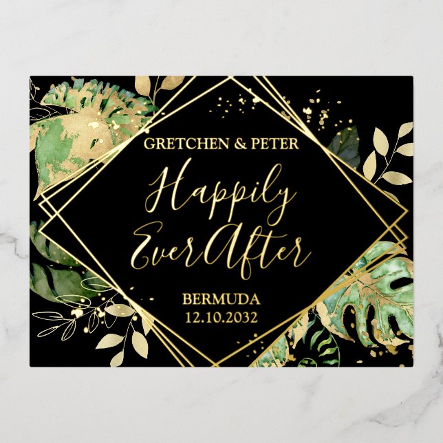 Tropical Happily Ever After Elopement Reception Foil Invitation Postcard (Front)