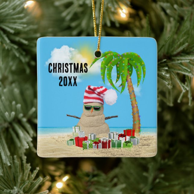 Tropical Happy Holidays Sand Man Ceramic Ornament (Tree)