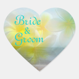 Tropical Haven Bride & Groom Plumeria Wedding Heart Sticker