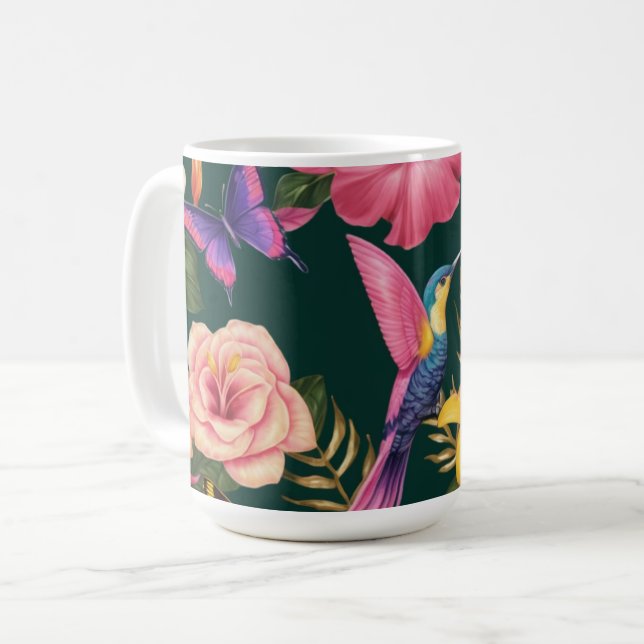 Tropical Haven: Mug with Floral and Bird Design (Front Left)