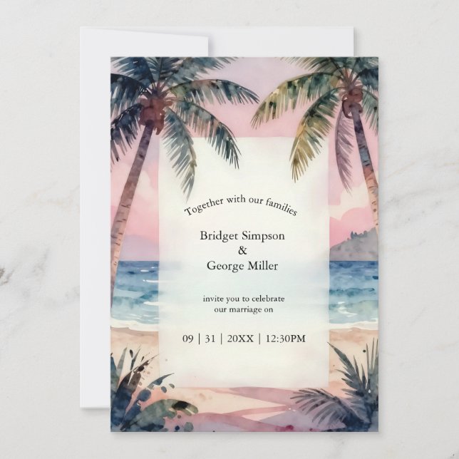 Tropical Hawaii Beach Palms Sunset wedding Invitation (Front)