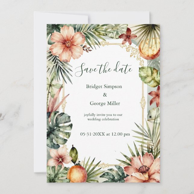 Tropical Hawaii boho palms floral Wedding  Invitation (Front)