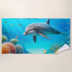 Tropical/Hawaii colourful underwater dolphin Beach Towel