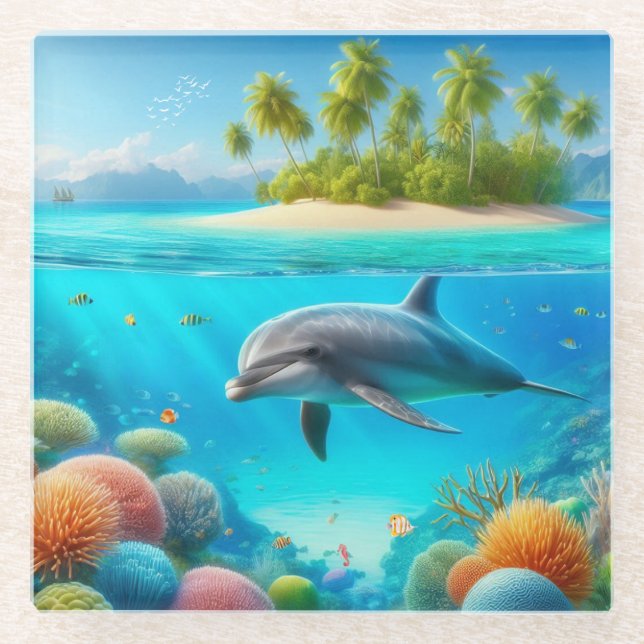 Tropical/Hawaii colourful underwater dolphin Glass Coaster (Front)