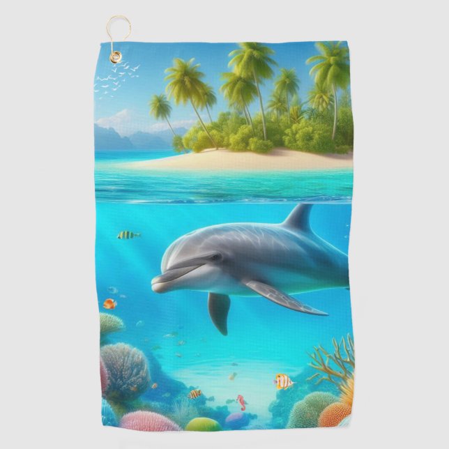 Tropical/Hawaii colourful underwater dolphin Golf Towel (Front)