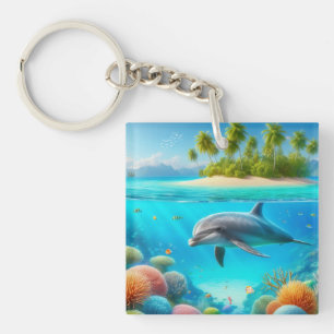 Tropical/Hawaii colourful underwater dolphin Key Ring