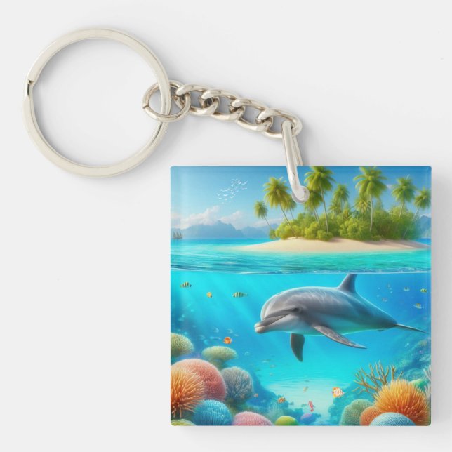 Tropical/Hawaii colourful underwater dolphin Key Ring (Front)