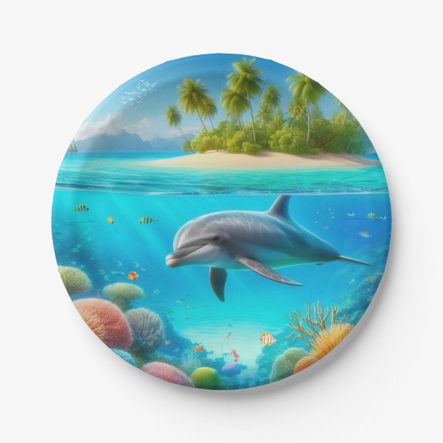 Tropical/Hawaii colourful underwater dolphin Paper Plate (Front)
