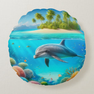 Tropical/Hawaii colourful underwater dolphin Round Cushion