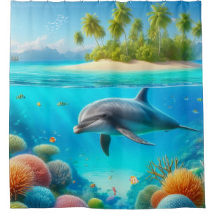 Tropical/Hawaii colourful underwater dolphin Shower Curtain